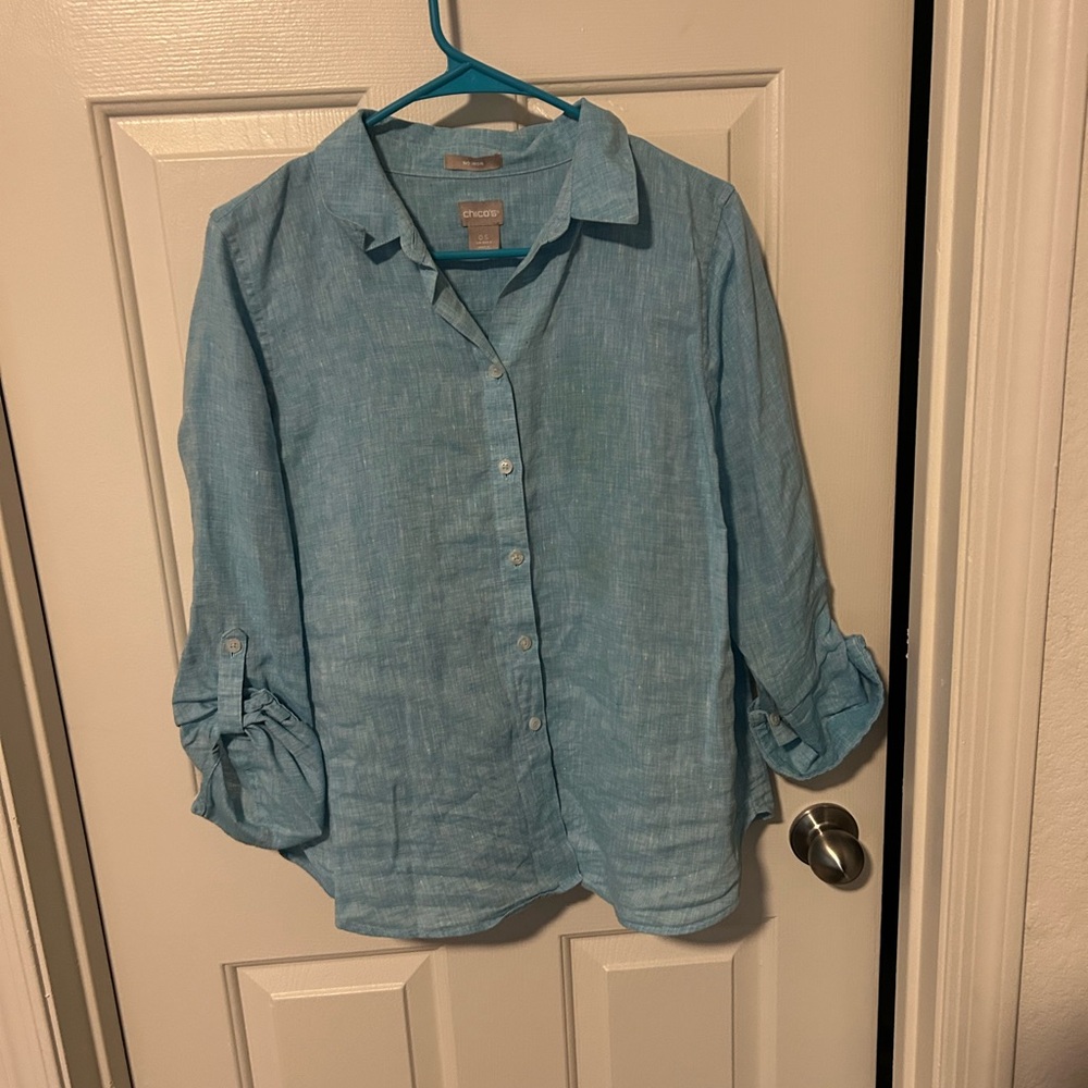 Chicos Blue Button-Up linen Shirt